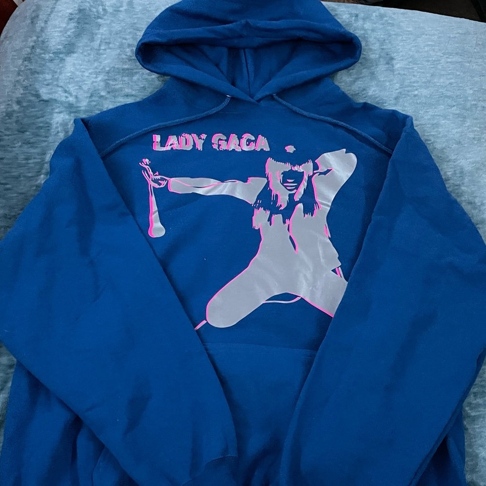 Lady Gaga Art Pop Graphic Vinyl Blue Hoodie with Album Cover.